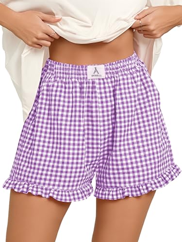 ANRABESS Boxer Shorts for Women Gingham Plaid Elastic Waist Ruffle Perfect for Lounge Pajama&Sleep Cute Casual Summer Bottoms Purple White Plaid Large
