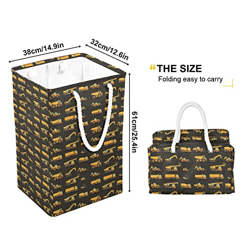 Seamless Yellow Construction Machinery Trucks, Crane, Loader on Dark Collapsible Waterproof Laundry Hamper, Lightweight Washing Basket Bin Storage Organizer Bucket with Handles for Toys Clothes