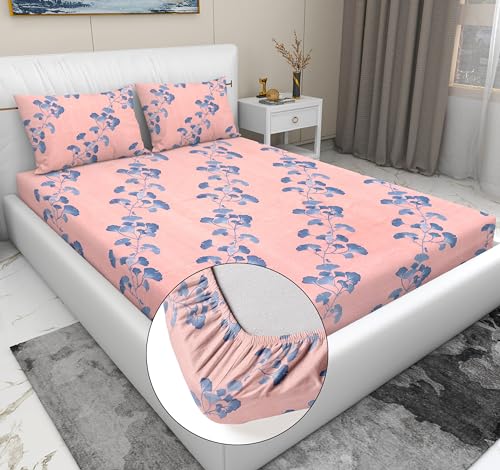 Image of RD TREND Presents Elastic Bedsheets for King Size Bed (78X72X8 Inch),Glace Cotton 210 TC with 2 Pillow Covers(18 X 28 Inch), Color-Peach Blue, Pattern-Floral Leaf