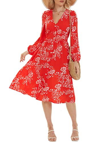 FANCYINN Damen Sommerkleid V-Ausschnitt Blumenkleid Tiefem Langen Ärmeln Geknöpftem Lässigem Midikleid mit Taschen Rot mit weißer Blume Langarm L Cover