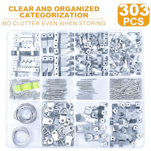 Image of KURUI 303Pcs Picture Hanging Kit, Picture Hangers Assorted Kit with Heavy Duty Wall Hooks, Sawtooth, Picture Wire, D Rings, Hardware Nails, Eye Hooks, Silver Heavy Duty Frame Hooks (Pack of 2)