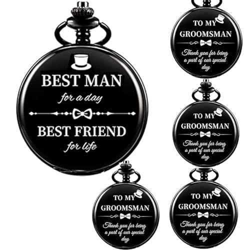 Afcrho Groomsmen Gifts Set of 5 Wedding Engraved Pocket Watch 1pcs Best Man 4Pcs Groomsmen for Wedding Engraved Quartz Pocket Watch with Chain
