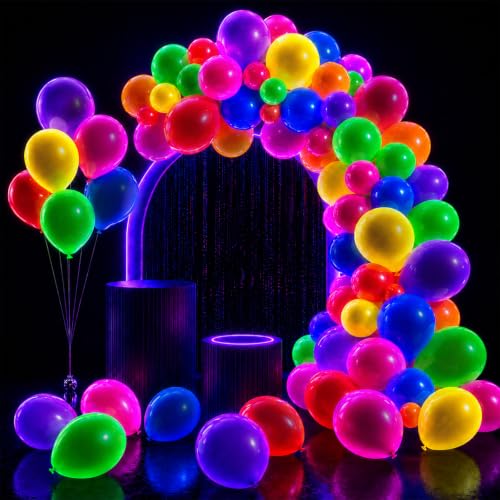 100 Pcs UV Neon Balloons Neon Glow Party Balloons UV Black Light Balloons Glow in the dark for Birthday Decorations Wedding Glow Party Supplies Blacklight Reactive Fluorescent Balloons