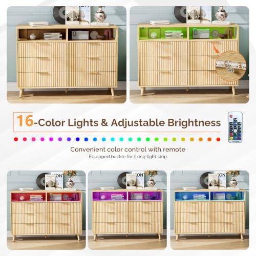 Image of VINGLI Fluted Dresser Led, 6 Drawer Dresser for Bedroom, Light Wood Bedroom Dressers Oak, 47 inch W*15.75 inch D*33 inch H