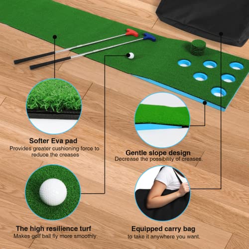 Hitik Putting Green – Golf Putting Mat With 2 Golf Putters + 1 Portable Bag + 6 Golf Balls + 12 Hole Covers, Golf Pong Putting Game, Golf Game Set For Indoor And Outdoor Party Game Use #TOP3
