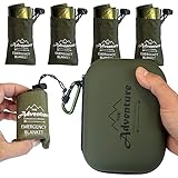 Huge Emergency Blankets [4-Pack] Extra-Large Thermal Mylar Space Blankets with Ripstop Nylon Stuff Sacks + Carabiner Zipper Pack [Army Green] Stocking Stuffer! Adventure Supply co