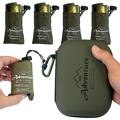 Huge Emergency Blankets [4-Pack] Extra-Large Thermal Mylar Space Blankets with Ripstop Nylon Stuff Sacks + Carabiner Zipper Pack [Army Green] Stocking Stuffer! Adventure Supply co