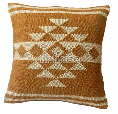Iinfinize Wool Jute Cushion Cover Golden Pillow Kilim Geometric Design Cushion Cover Vintage Sofa Sham Zip Closure Throw Rest Pillow Bedding Pillow Covers cover