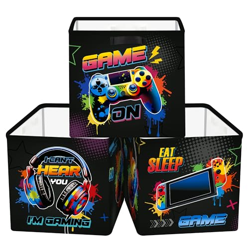 HUUMONSS 30cm Aufbewahrungsbox 3 Stück Gamer Neon Schild Aufbewahrungskorb Kinder Falt Spiel Controller LED Headset mit Griffen Aufbewahrungswürfel Organizer für Spielzeug Bücher Kleidung,Graffiti