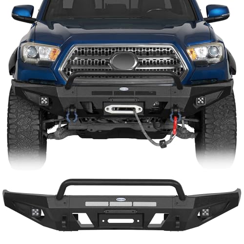 Hooke Road 3rd Gen Tacoma Winch Front Bumper for 2016-2023 Toyota Tacoma Offroad Steel Bumper Guard with Low-Profile Bull Bar LED Lights D-Ring Mounts