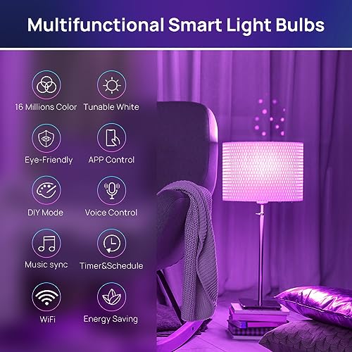 Image of Consciot Smart Bulbs, WiFi LED Bulb Compatible with Alexa and Google Home, Music Sync, Color Changing Bulb, A19 E26 2.4Ghz WiFi Bulbs 60watt Equivalent, 800lm Dimmable 2-Pack