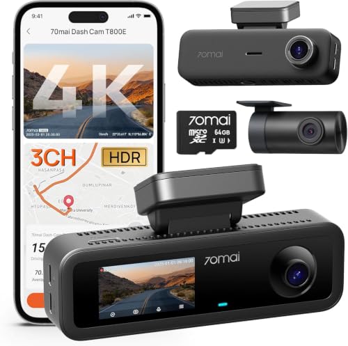70mai T800E 4K 3-Channel Dash Cam – Front, Rear & Interior Recording, WiFi 6, GPS & Night Vision