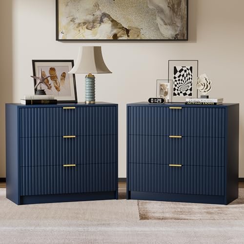 Image of Furniway Fluted Nightstands Set of 2, 31.5 inch Large Bedside Tables with 3 Drawers, Modern Wood Night Stands with Storage for Bedroom, Navy Blue