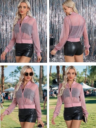 Nlife Women Sheer Mesh Sparkly Crop Bomber Jacket See Thru Glitter Rave Festival Clubwear Night Out Party Concert Outfit