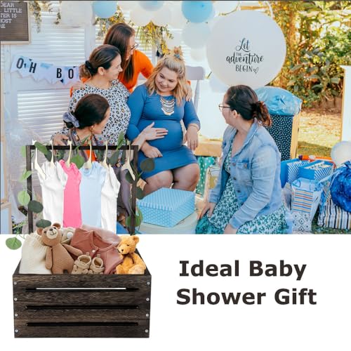Image of Okydoky Wooden Baby Shower Crate Wardrobe, Gift Basket with Clothes Hanger | Handle and Garland, Storage Personalized Basket for Pregnant New Parents NO.LPL,Dark Walnut1