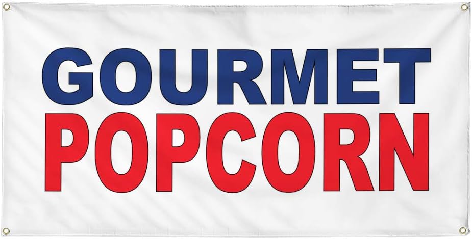 Vinyl Banner Multiple Sizes Gourmet Popcorn Blue Red Food Bar Restaurant Truck Restaurant & Food Outdoor Weatherproof Industrial Yard Signs 4 Grommets 16x40Inches