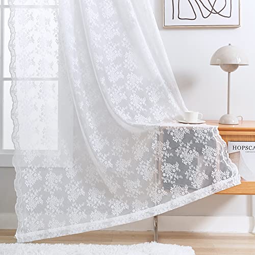 Yj Yanjun White Lace Curtains 63 Inch Length Set Of 2 French Elegance Floral Semi Sheer Curtain Panels Antique Short Victorian Curtains Rod Pocket Light Filtering 52 X 63 Inch White #TOP3