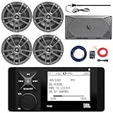 Marine Bluetooth AM/FM Radio Stereo LCD Digital Media Receiver Bundle with 4X 6.5 180W 2-Way Marine Gray Speakers, 4-Channel Compact Boat Amplifier, Amp Wiring Kit, Black Radio Antenna, Speaker Wire