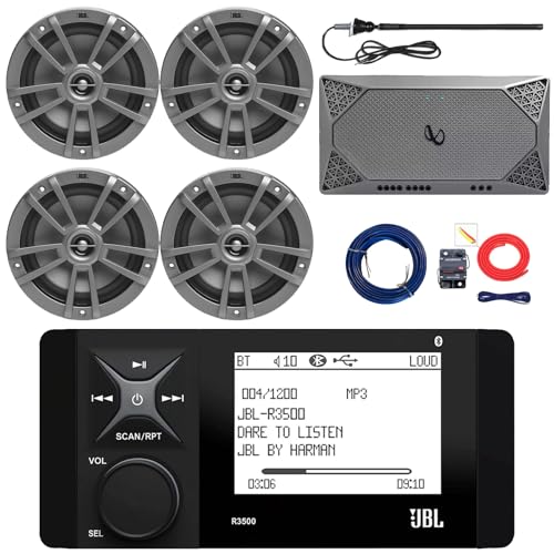 Marine Bluetooth AM/FM Radio Stereo LCD Digital Media Receiver Bundle with 4X 6.5 180W 2-Way Marine Gray Speakers, 4-Channel Compact Boat Amplifier, Amp Wiring Kit, Black Radio Antenna, Speaker Wire