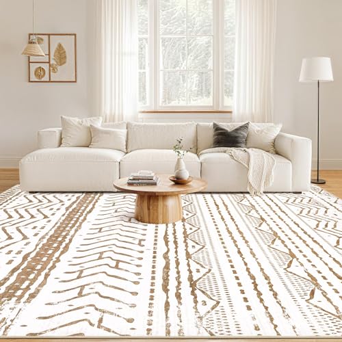 Nakagishi Area Rug Living Room Rugs: 5x7 Machine Washable Boho Large Neutral Farmhouse Stain Resistant Moroccan Indoor Carpet for Bedroom Nursery Dorm Classroom Playroom Dining Room House-Brown White