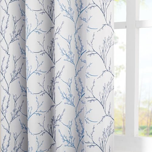Image of MYSKY HOME Living Room Curtains 95 inches Long Thermal Insulated Room Darkening Curtains for Sliding Door Patio Leaf Pattern Grommet Drapes for Bedroom, Blue, 2 Pieces