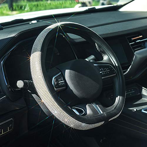 ChuLian D Sharp Diamond Leather Steering Wheel Cover with Bling Bling Crystal Rhinestones Universal Fit 15 Inch Car Wheel Protector for Women Girls Black