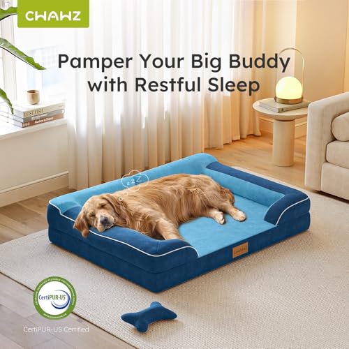 Image of CWAWZ Extra Large Dog Bed, Orthopedic Dog Bed with Cooling Gel Memory Foam, Waterproof XL Pet Bed with Removable Washable Cover, 42 inch Pet Sofa Couch Dutch Velvet with Bone Toy, Navy Blue