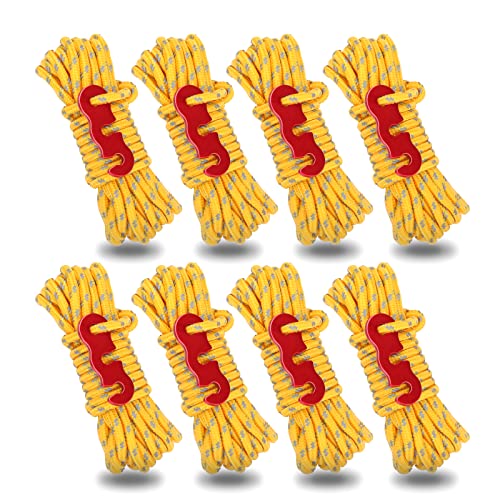 Reflektierend Abspannseile mit Aluminum Seilspanner, 4 M Zeltschnur mit Abspannschnalle, Φ 4mm Nylonschnur Spannschnur Camping Schnur Sturmband für Zelt Sonnensegel Wäscheleine (8 Stück Gelb)