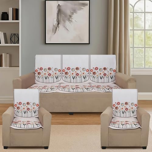 Image of Velvet 5 Seater Sofa Cover with 10 Seat and Back Covers - Floral Daisy Print - Washable Fabric - Stylish Sofa Cover for Modern Living Room (Beige, 5 Seater Without Arm Covers)