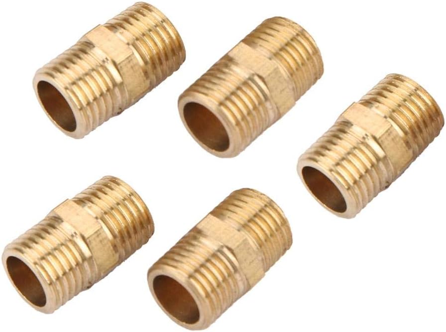 5 Pcs Brass Pipe Fitting, Male Threaded Hex Straight Connector Pipe Fitting Hex Nipple Brass Hex Coupler Hex Nipple Hardware Pipe Fitting and Air Hose Fitings Tube Connecting Accessories (1/4)