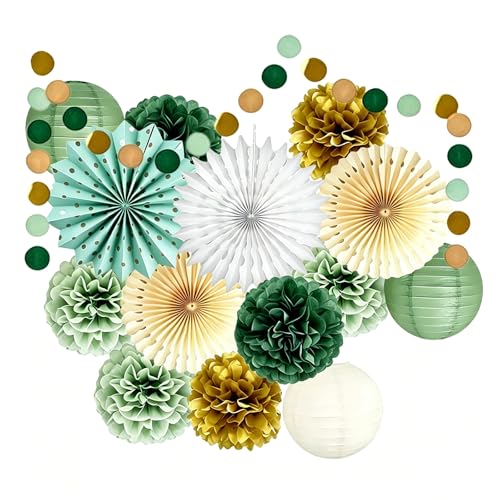 Décorations Fête Vert Sauge Set, Pompons Papier de Soie Éventails Papier Lanternes Guirlande, Crème Or Olive Mix, pour Anniversaire Baby Shower Mariage...