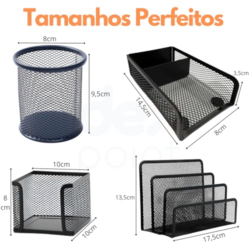 Kit Organizador de Escritório Mesa 4 Peças em Aço Aramado, Porta Lápis e Canetas, Porta Trecos, Supo