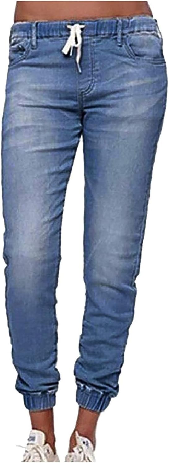 Women'S Pull On Denim Pants Simple Style Elastic Waist Stretch Drawstring Pockets Joggers Sweatpants Jeans Pants