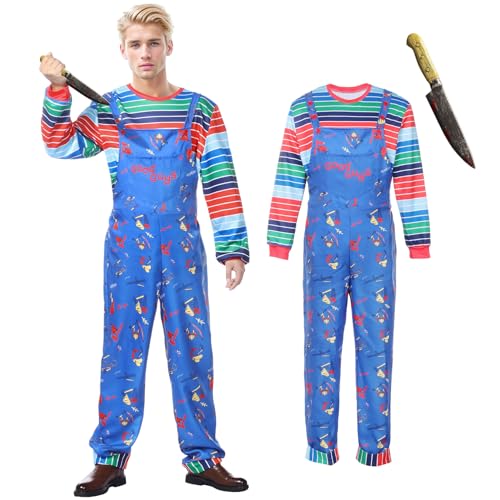 Alaiyaky Halloween Kostüm Set Horror Kostüm Set Blaue Overalls mit Gestreiftem Oberteil und Falschem Messer (Männer M)
