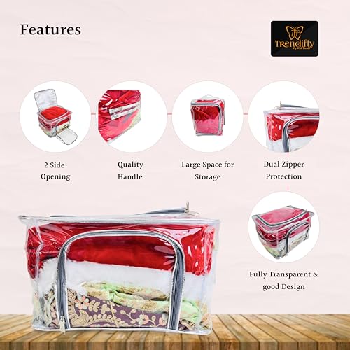 Image of Trendifly transparent clothes organiser Bag | wardrobe bedroom storage organizer box | Moisture Dust proof | 2 side Opening with zipper Undergarments Jeans Blankets Shirts Saree (42 * 32 * 28) (1)