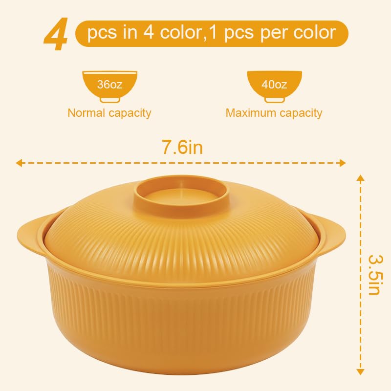 Image of Yellow 40oz Cereal Bowls with lid set of 4,Microwave Safe,Family&Camping