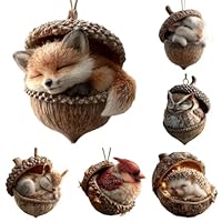 Weihnachtsbaumschmuck Set mit 6 Schlafenden Waldtieren – Acryl-Anhänger in Eichel-Form (8,5 cm) für Baum, Fenster & Rustikale Wald-Deko