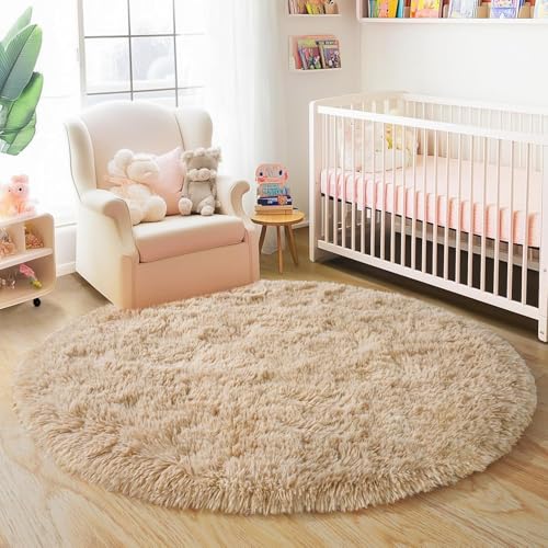 Image of Modern Shaggy Round Rug | Ultra-Soft Plush Circle Carpet for Living Room, Bedroom, Nursery | Fuzzy, Fluffy Area Rug with Non-Slip Base Beige 5x5 feet