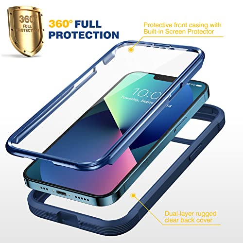 Image of Diaclara Designed for iPhone 13 Case, Full Body Rugged Case with Built-in Touch Sensitive Anti-Scratch Screen Protector, Soft TPU Bumper Case for iPhone 13 6.1 inch (Dark Blue and Clear)
