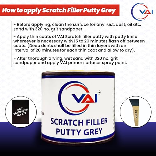 Image of VAI Touch Up Spray Paint Compatible for Maruti Suzuki Pearl Arctic White Base Coat & Top Coat - 450 ml with Scratch Filler Putty Grey 200 Gms for Car, Bike with 1 Putty Knife and 320 Grit
