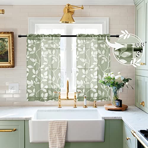 Image of XTMYI Boho Curtains for Kitchen Window Green Leaf Sheer Small Curtains for Bedroom Bathroom 30 Inch Length Sage