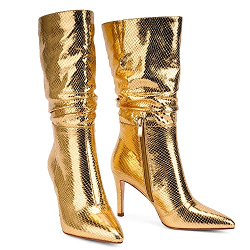 Modatope Gold Knee High Boots For Women Stiletto Pointed Toe Boots High Heel Boots Zipper Mid Calf Boots Sparkly Metallic Boots Size 9 #TOP4