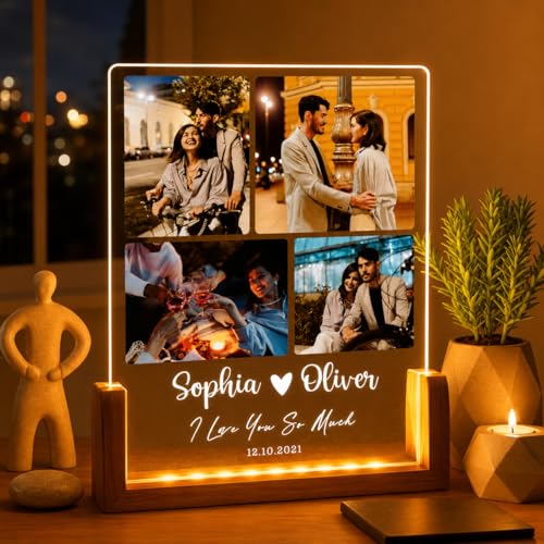 Image of Custom Photo Collage LED Lamp, Personalised Acrylic Night Light, Warm White, Modern Style, Anniversary and Birthday Gift for Couples and Friends (Design 1)