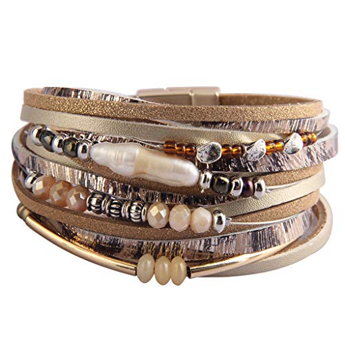 Jeilwiy Baroque Pearl Leather Cuff Bracelet Multi Strand Wrap Bracelets Magnetic Bohemian Bracelet for Women, Wife, Sister