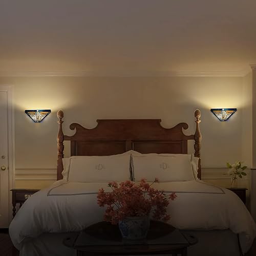 Miniatura 3 de Capulina Tiffany - Apliques de pared de 2 luces de 12 pulgadas de ancho, color ámbar azul, estilo antiguo, lámparas de pared para pasillo, escalera,