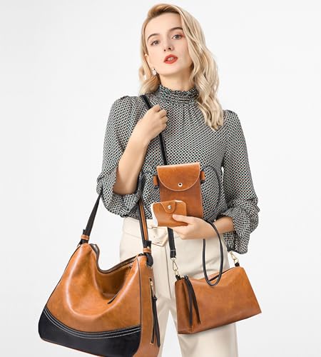 Image of myfriday 4 pcs Large Faux Leather Hobo Bag Set, Crossbody Card Purse Women | Oversized tote, crossbody, phone pouch and card purse keep daily essentials coordinated for travel and boho styling