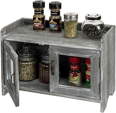 MyGift Rustic Gray Whitewashed Wood Kitchen/Bathroom Counter Top Storage Cabinet with Glass Windows
