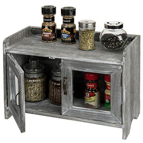 Mygift Rustic Gray Whitewashed Wood Kitchen/Bathroom Counter Top Storage Cabinet With Glass Windows #TOP12