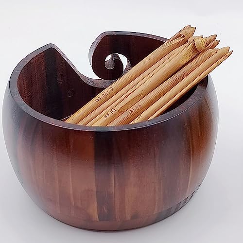 Image of Wooden Yarn Bowl,Yarn Bowl for Knitting Yarn Bowls Crochet Yarn Ball Holder Yarn Storage Bowl for DIY Knitting Crocheting Crochet Kit Organizer,with 12 Pcs Bamboo Crochet Hooks (No-Lid Dark Wood)