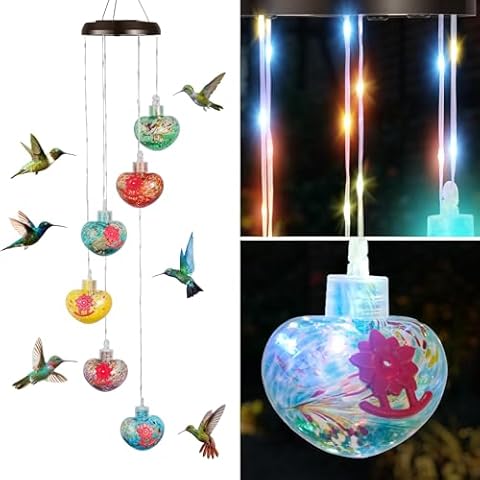 LUJII Solar Wind Chime Hummingbird Feeders for Outdoors, Lighted LED Wires, 6 Hand Blown Glass Reservoirs, RGB Lights, Heart Shaped Cover